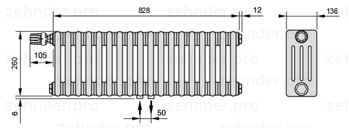 Схема (чертеж) Радиатор Zehnder Charleston 4026/18 №V007 Белый глянцевый RAL 9016